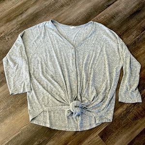 Caslon grey button up sweater with tie bottom